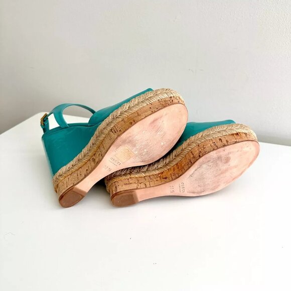 GUCCI Turquoise Patent Leather Espadrille Cork Wedge Sandals Size 38.5 US 8.5 - Picture 9 of 12